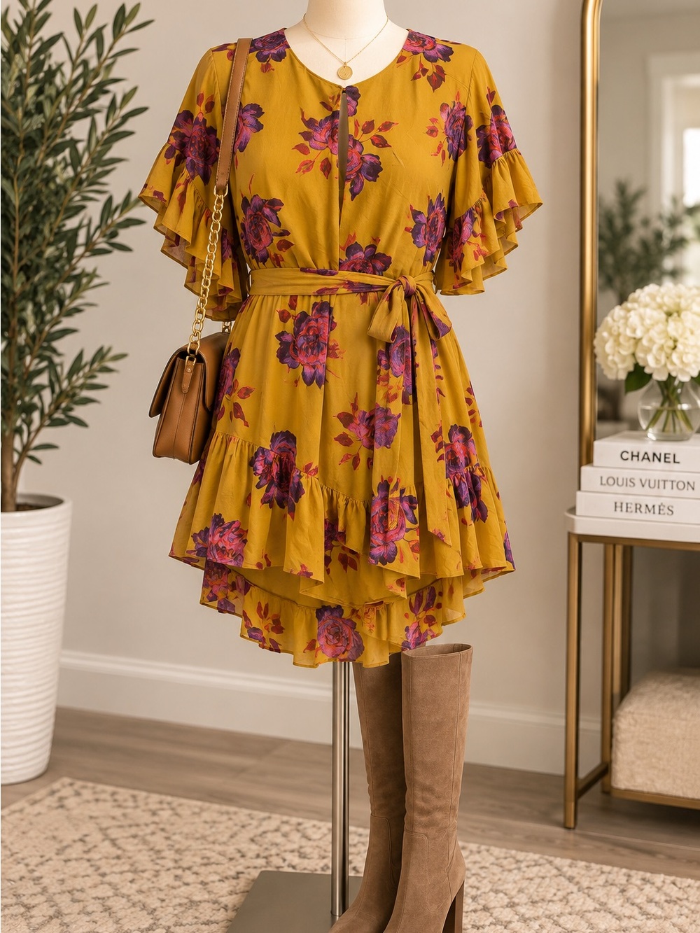 Urban Outfitters Mustard Floral Ruffle Wrap Mini Dress